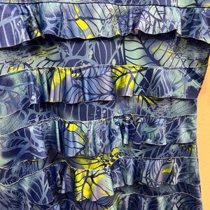 Tango Mongo 👗Sleeveless Blue Tropical Print Mini Dress with Ruffle Tiers
